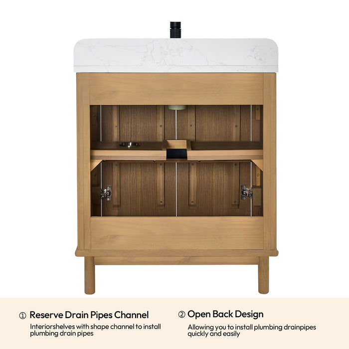 30-Inch Madera Free-Standing Vanity - Washed Ash Grey Solid Wood with Composite Stone Top and Built-in Outlets