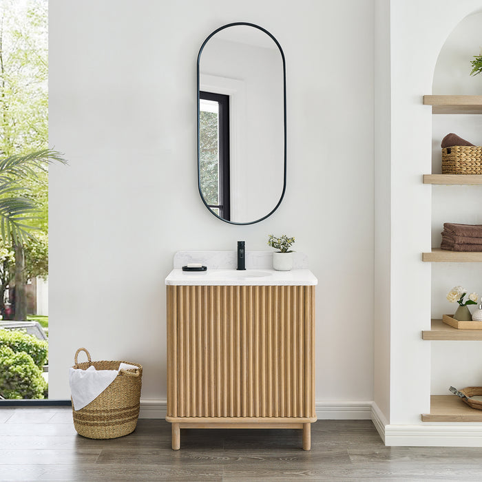 30-Inch Madera Free-Standing Vanity - Washed Ash Grey Solid Wood with Composite Stone Top and Built-in Outlets