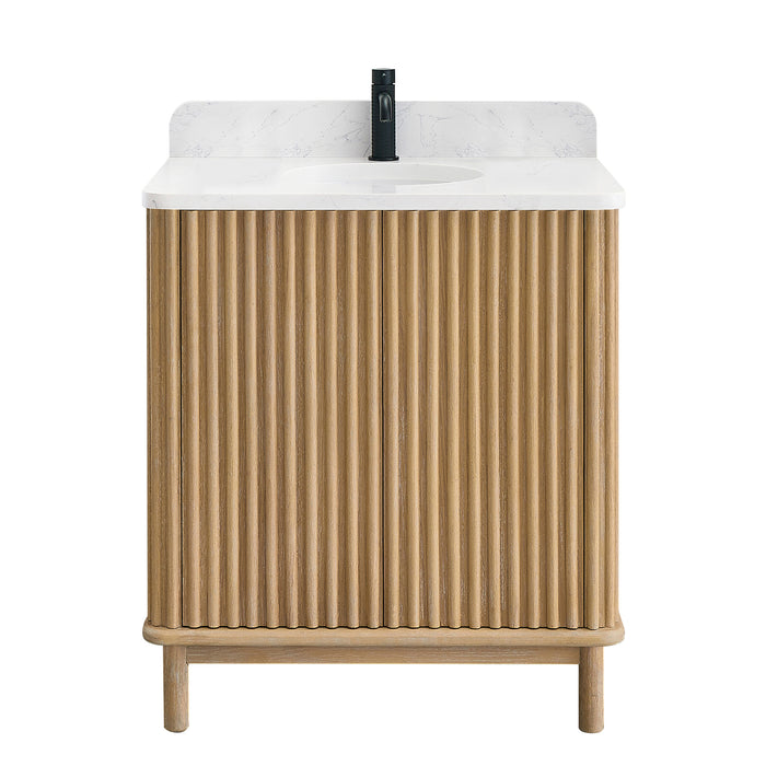30-Inch Madera Free-Standing Vanity - Washed Ash Grey Solid Wood with Composite Stone Top and Built-in Outlets