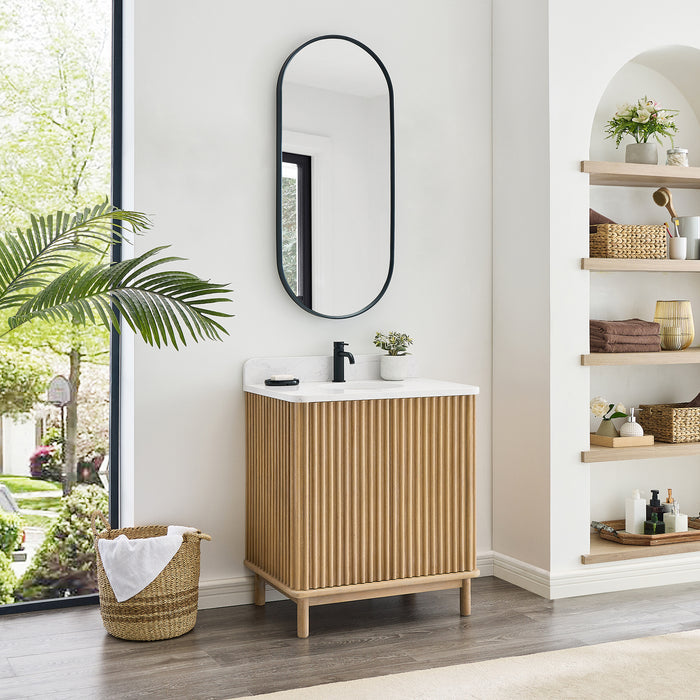 30-Inch Madera Free-Standing Vanity - Washed Ash Grey Solid Wood with Composite Stone Top and Built-in Outlets