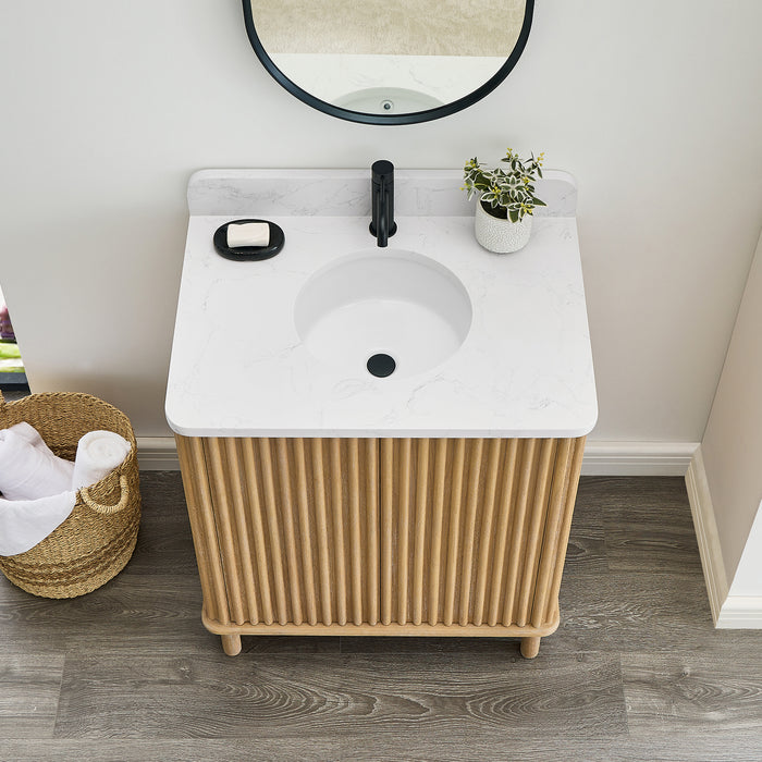 30-Inch Madera Free-Standing Vanity - Washed Ash Grey Solid Wood with Composite Stone Top and Built-in Outlets
