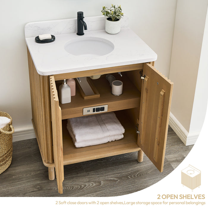 30-Inch Madera Free-Standing Vanity - Washed Ash Grey Solid Wood with Composite Stone Top and Built-in Outlets