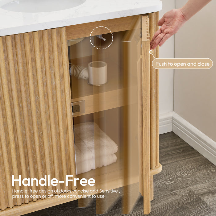 30-Inch Madera Free-Standing Vanity - Washed Ash Grey Solid Wood with Composite Stone Top and Built-in Outlets