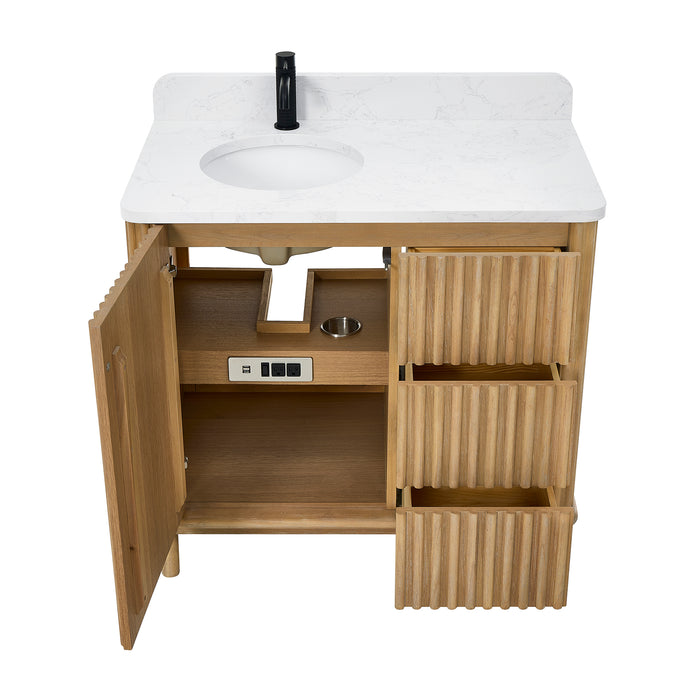 30-Inch Magnoliae Free-Standing Vanity - Washed Ash Grey Solid Wood with Composite Stone Top and Built-in Outlets