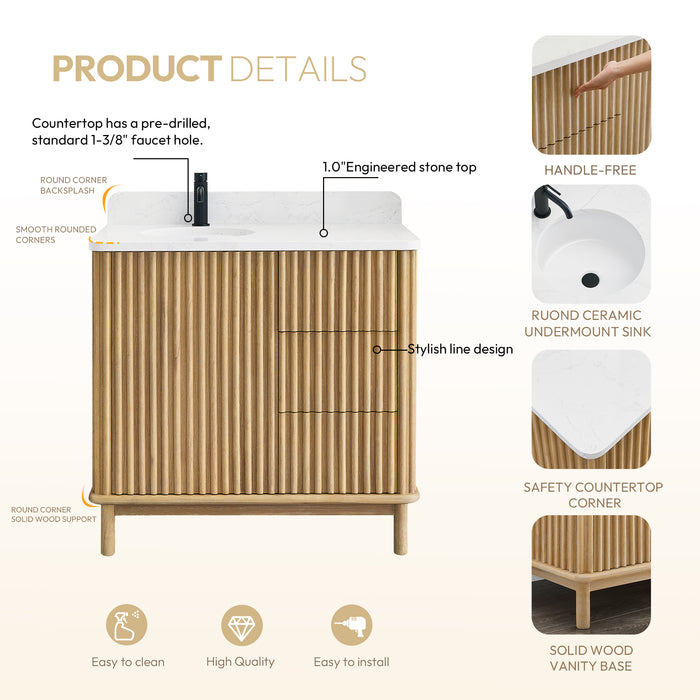 30-Inch Magnoliae Free-Standing Vanity - Washed Ash Grey Solid Wood with Composite Stone Top and Built-in Outlets