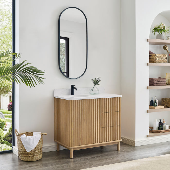 30-Inch Magnoliae Free-Standing Vanity - Washed Ash Grey Solid Wood with Composite Stone Top and Built-in Outlets