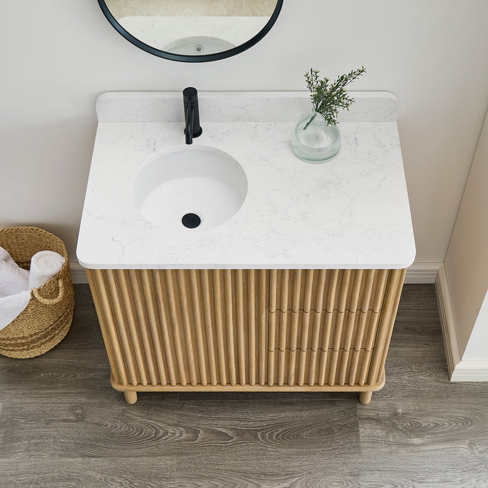 30-Inch Magnoliae Free-Standing Vanity - Washed Ash Grey Solid Wood with Composite Stone Top and Built-in Outlets