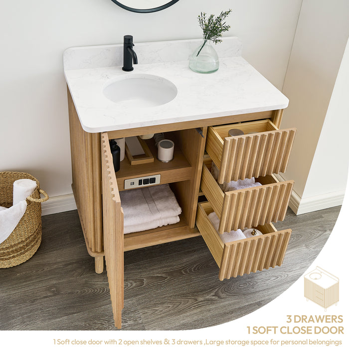 30-Inch Magnoliae Free-Standing Vanity - Washed Ash Grey Solid Wood with Composite Stone Top and Built-in Outlets