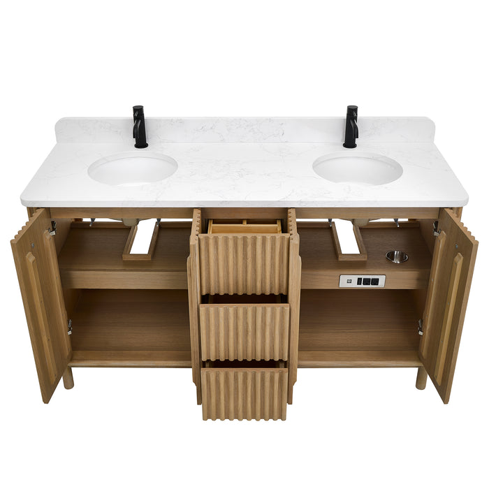 60-Inch Milieu Double Bathroom Vanity Solid Wood Free-Standing Washed Ash Grey with White Composite Stone