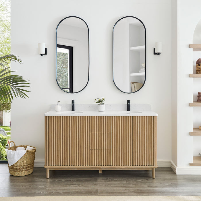 60-Inch Milieu Double Bathroom Vanity Solid Wood Free-Standing Washed Ash Grey with White Composite Stone