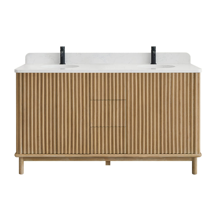 60-Inch Milieu Double Bathroom Vanity Solid Wood Free-Standing Washed Ash Grey with White Composite Stone