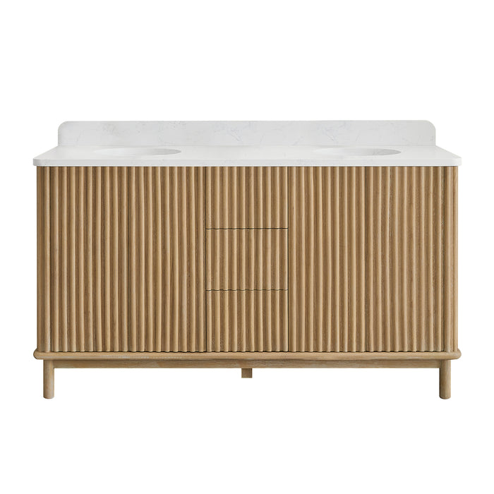 60-Inch Milieu Double Bathroom Vanity Solid Wood Free-Standing Washed Ash Grey with White Composite Stone