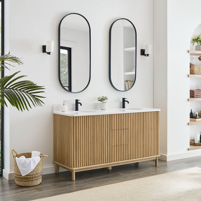 60-Inch Milieu Double Bathroom Vanity Solid Wood Free-Standing Washed Ash Grey with White Composite Stone