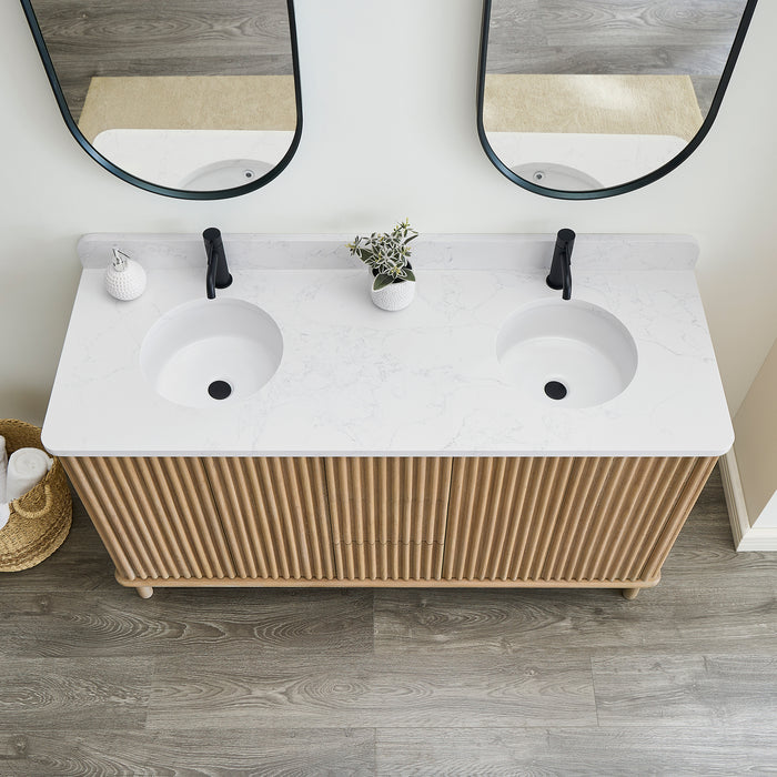 60-Inch Milieu Double Bathroom Vanity Solid Wood Free-Standing Washed Ash Grey with White Composite Stone