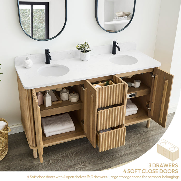 60-Inch Milieu Double Bathroom Vanity Solid Wood Free-Standing Washed Ash Grey with White Composite Stone