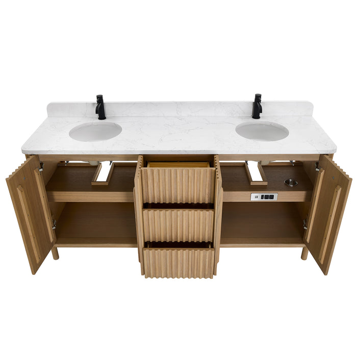 72-Inch Memento Double Vanity Contemporary Solid Wood Free-Standing Washed Ash Grey White Grain Stone Top