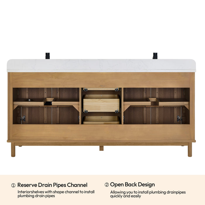 72-Inch Memento Double Vanity Contemporary Solid Wood Free-Standing Washed Ash Grey White Grain Stone Top