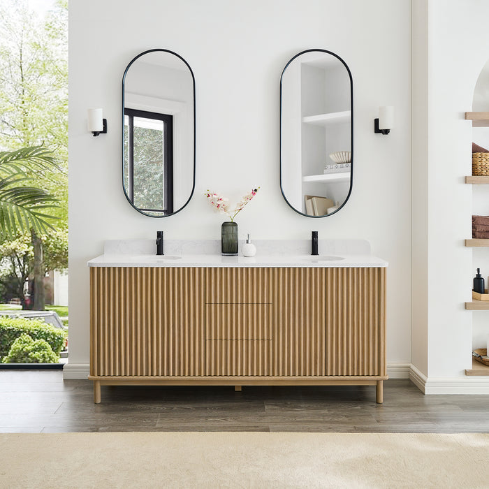 72-Inch Memento Double Vanity Contemporary Solid Wood Free-Standing Washed Ash Grey White Grain Stone Top