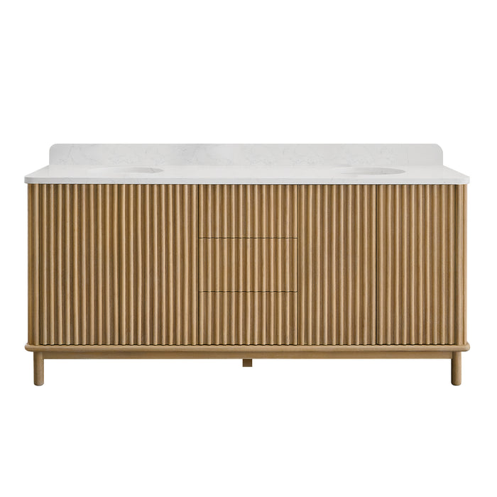72-Inch Memento Double Vanity Contemporary Solid Wood Free-Standing Washed Ash Grey White Grain Stone Top