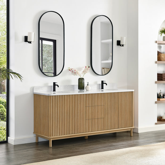 72-Inch Memento Double Vanity Contemporary Solid Wood Free-Standing Washed Ash Grey White Grain Stone Top