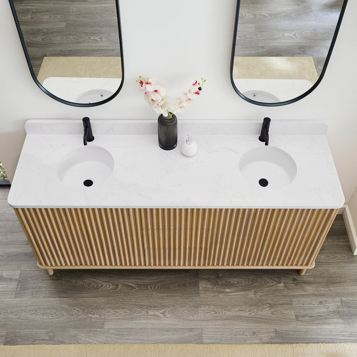 72-Inch Memento Double Vanity Contemporary Solid Wood Free-Standing Washed Ash Grey White Grain Stone Top