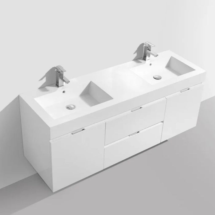 Helena 60" White Double Sink Wall Mount Modern Bathroom Vanity - Reinforced Acrylic Composite with Soft-Close Drawers