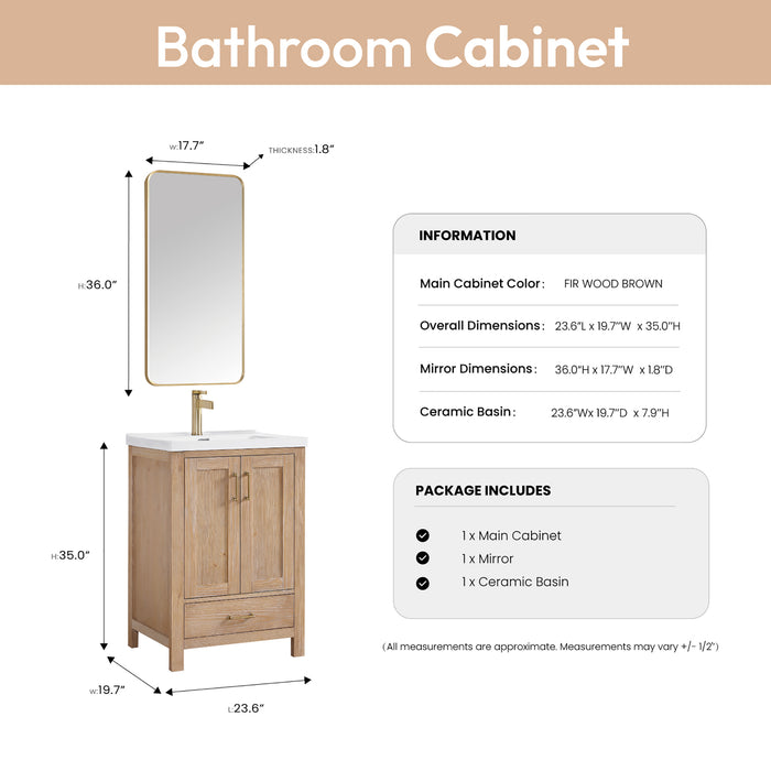 24 Inch Odessa Bathroom Vanity – Compact Wood Vanity with Drop-In Ceramic Sink & Mirror