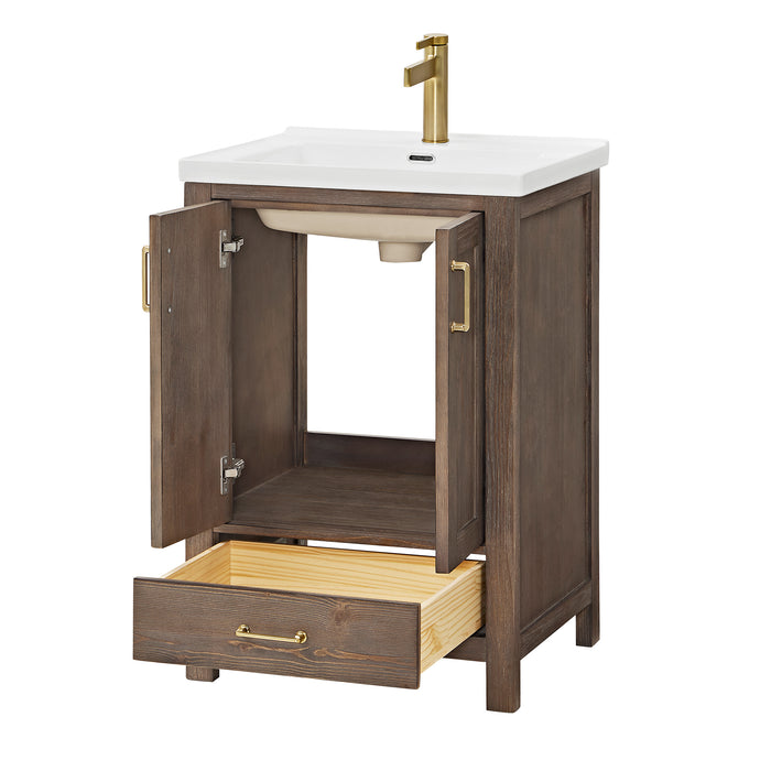 24 Inch Olive Bathroom Vanity – Rustic Spruce Wood Cabinet with Drop-In Ceramic Sink