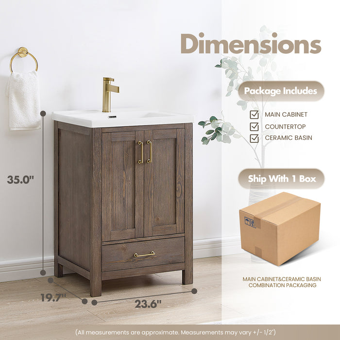 24 Inch Olive Bathroom Vanity – Rustic Spruce Wood Cabinet with Drop-In Ceramic Sink