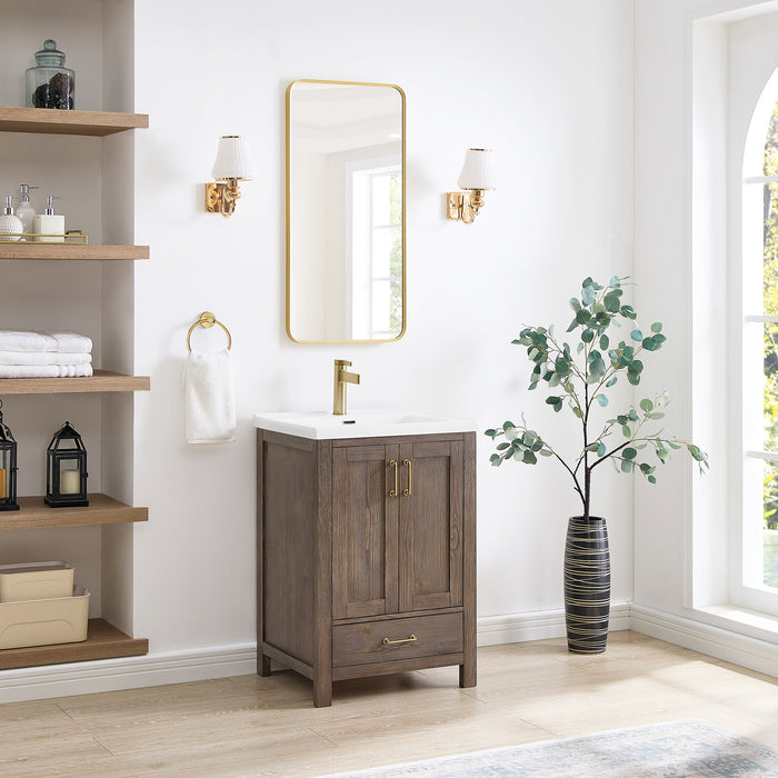 24 Inch Olive Bathroom Vanity – Rustic Spruce Wood Cabinet with Drop-In Ceramic Sink