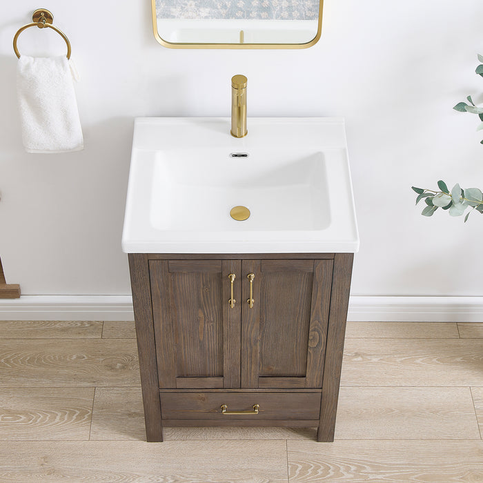24 Inch Olive Bathroom Vanity – Rustic Spruce Wood Cabinet with Drop-In Ceramic Sink