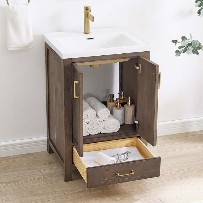 24 Inch Olive Bathroom Vanity – Rustic Spruce Wood Cabinet with Drop-In Ceramic Sink