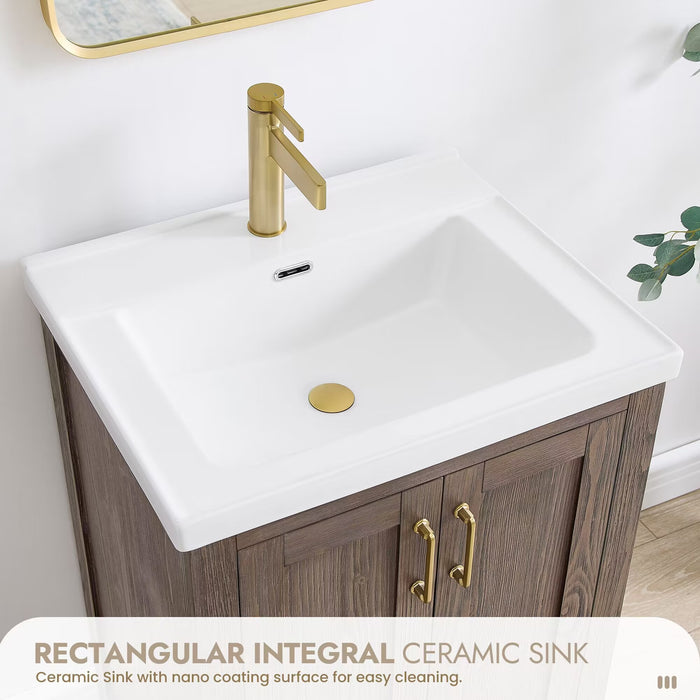24 Inch Olive Bathroom Vanity – Rustic Spruce Wood Cabinet with Drop-In Ceramic Sink