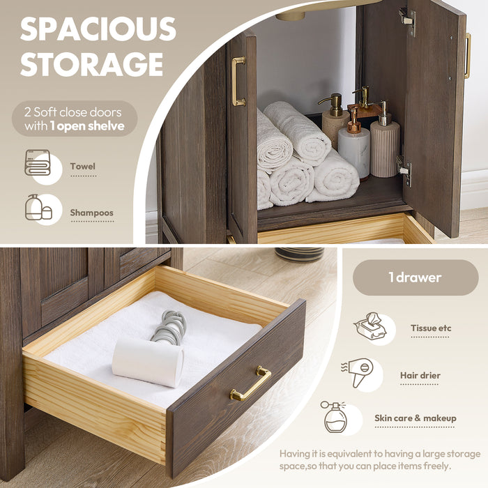 24 Inch Olive Bathroom Vanity – Rustic Spruce Wood Cabinet with Drop-In Ceramic Sink