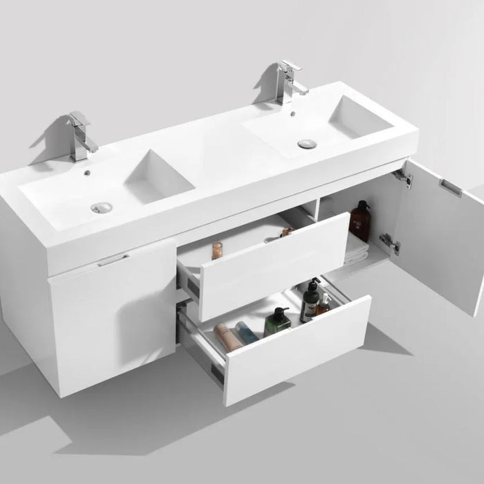 Helena 60" White Double Sink Wall Mount Modern Bathroom Vanity - Reinforced Acrylic Composite with Soft-Close Drawers