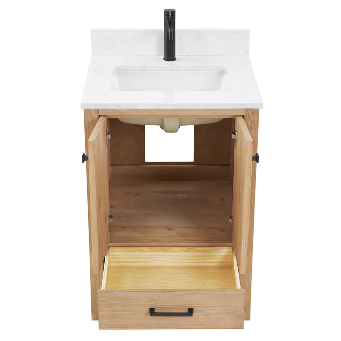 24-Inch Meritage Fir Wood Single Bathroom Vanity Brown with Carrara Stone Top & Mirror