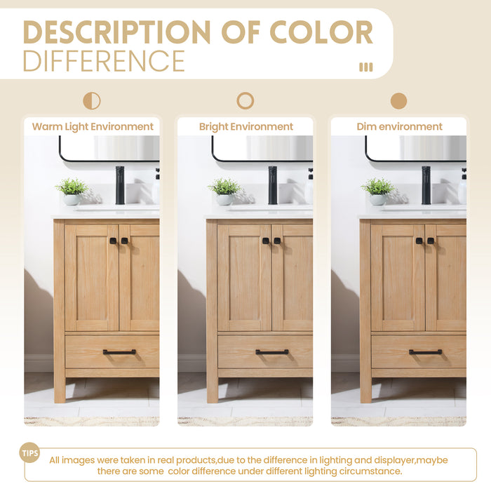 24-Inch Meritage Fir Wood Single Bathroom Vanity Brown with Carrara Stone Top & Mirror