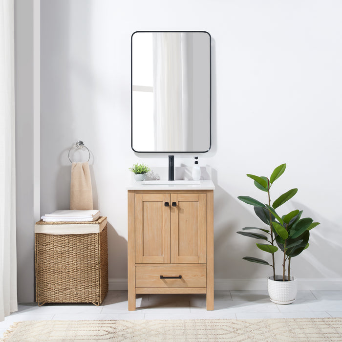 24-Inch Meritage Fir Wood Single Bathroom Vanity Brown with Carrara Stone Top & Mirror