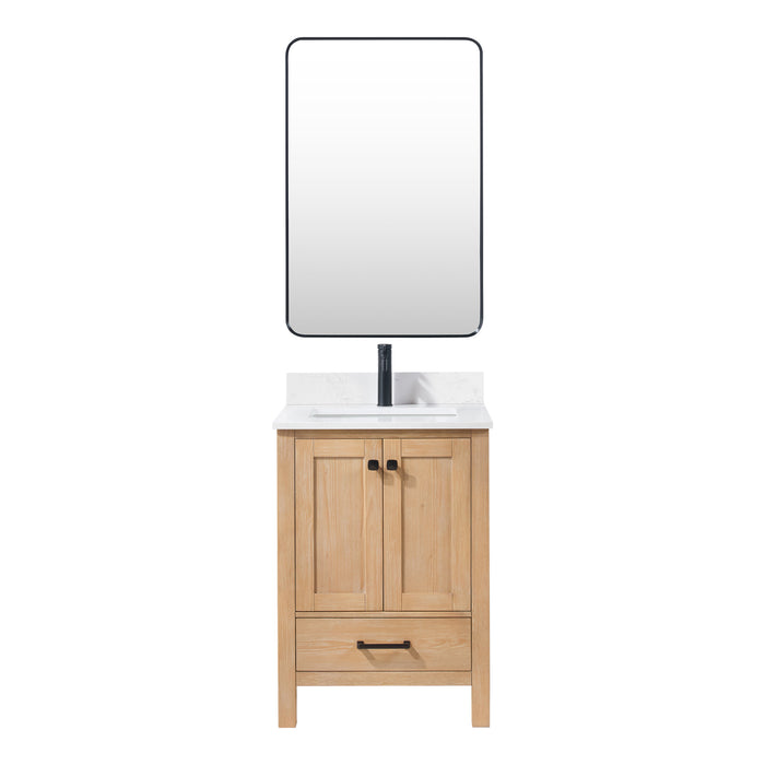 24-Inch Meritage Fir Wood Single Bathroom Vanity Brown with Carrara Stone Top & Mirror