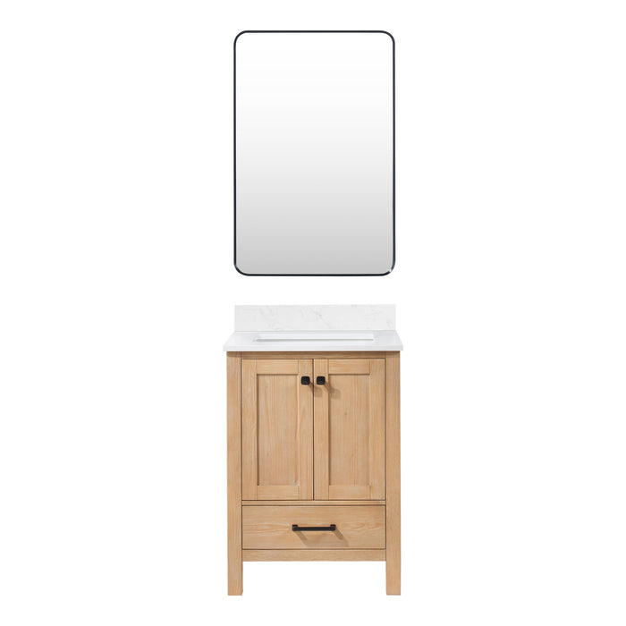 24-Inch Meritage Fir Wood Single Bathroom Vanity Brown with Carrara Stone Top & Mirror