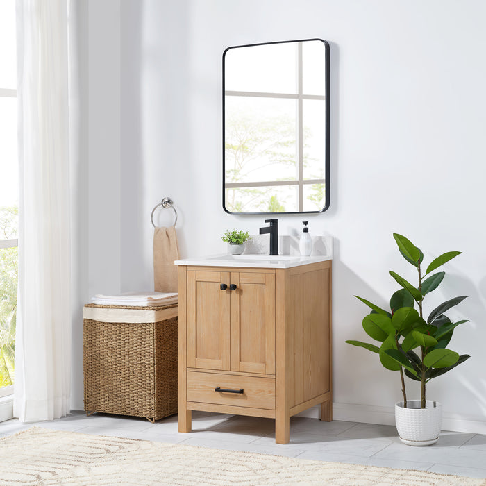24-Inch Meritage Fir Wood Single Bathroom Vanity Brown with Carrara Stone Top & Mirror