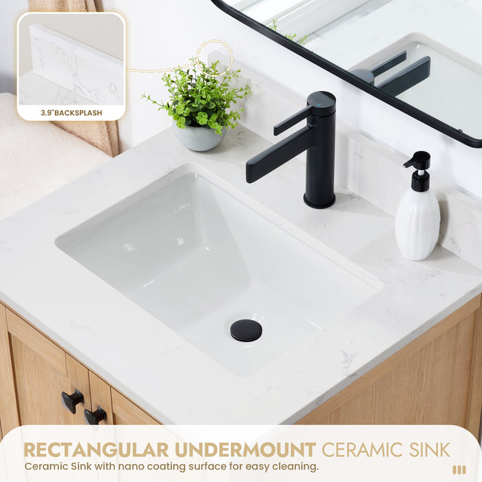 24-Inch Meritage Fir Wood Single Bathroom Vanity Brown with Carrara Stone Top & Mirror