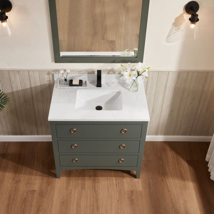 Keita 36" Pewter Green Transitional Bathroom Vanity - Solid Wood Construction with Artificial Stone Countertop & Rectangle Basin