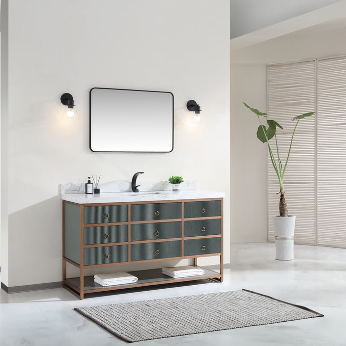 Lorelle 60" Single Pewter Green Wooden Bathroom Vanity - Golden Brush Steel Frame 8-Drawer Storage