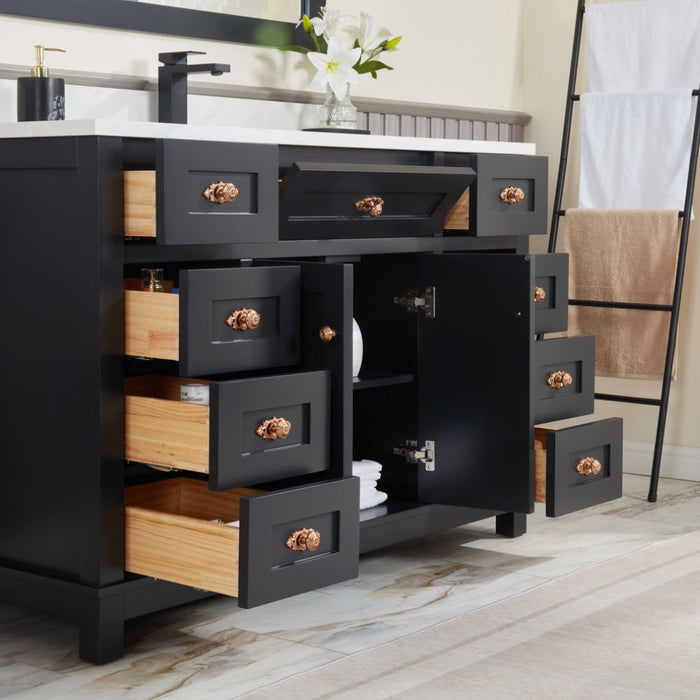 Haversham 48" Tricorn Black Free-Standing Single Vanity - Solid Wood Construction with 8 Dovetail Drawers & Stone Top