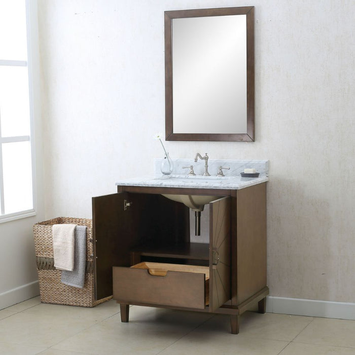 Odette 30" Antique Coffee Bathroom Vanity Cabinet – White Carrara Top Pre-Drilled for Faucets