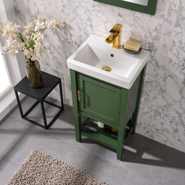 18" Aura Green Sink Vanity Unit – White Ceramic Top with Door Storage