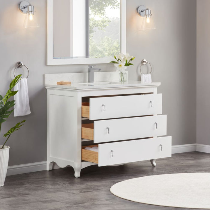 Warwick 42" White Bathroom Vanity - Solid Wood Construction with 1" Artificial Stone Top & 3 Dovetail Drawers