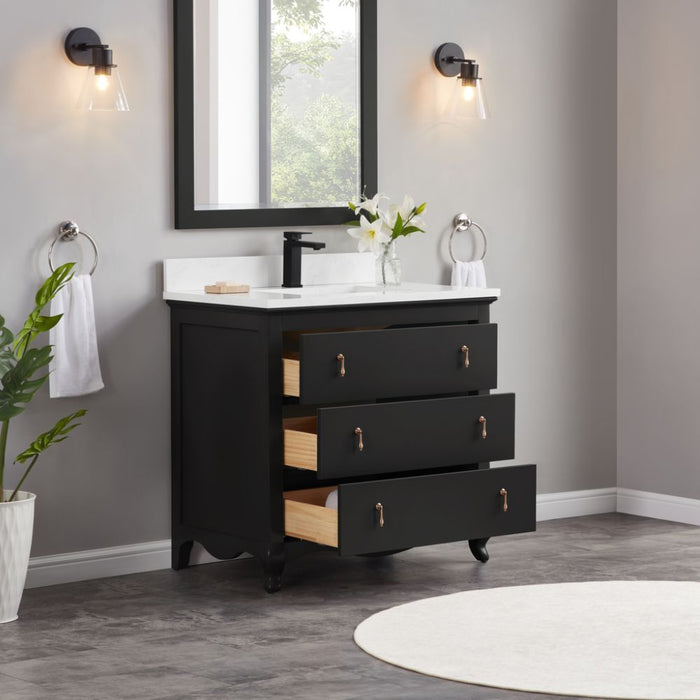 Zaira 36" Solid Wood Vanity – Matte Black Bathroom Cabinet with Artificial Stone Countertop