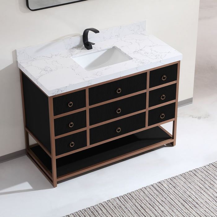 Fannie 48" Tricorn Black Oak Wood Bathroom Vanity with Golden Stainless Steel Frame - 8 Drawer Storage